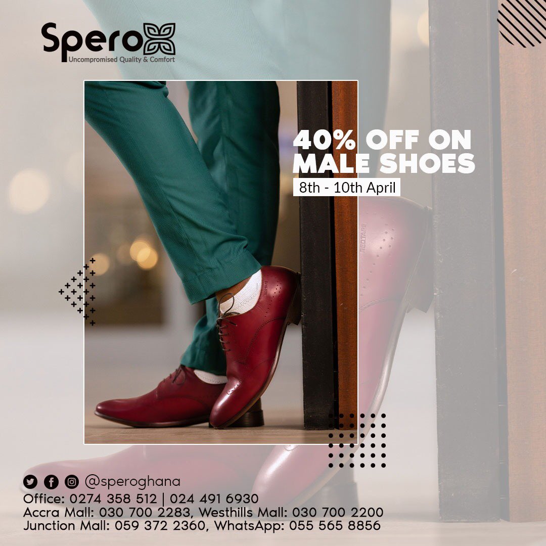 GhanaSpero's tweet photo. Have you been thinking about buying your man, friend or sibling a stylish shoe?🤷🏽‍♀️

Look no further!😊

From the 8th-10th April all these and more will be on sale at all Spero shops at a mind boggling 40% DISCOUNT!🥳🥳

[ Anas Yaw Tog Abena Korkor Mahama Dr. Bawumia ] https://t.co/6SKLisU3VP