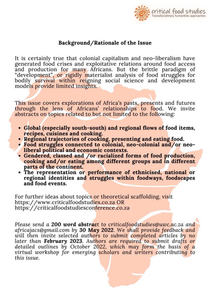 FoodPolitics_SA's tweet photo. CALL FOR PROPOSALS
LINK in BIO FMI! 

Please send a 200 word abstract to criticalfoodstudies@uwc.ac.za and africajacs@gmail.com by 30 May 2022. 

#food #foodstudies #criticalfoodstudies #IamUWC #UKZN #MyUKZN #ProudlyUp https://t.co/3DcXwPbZEh