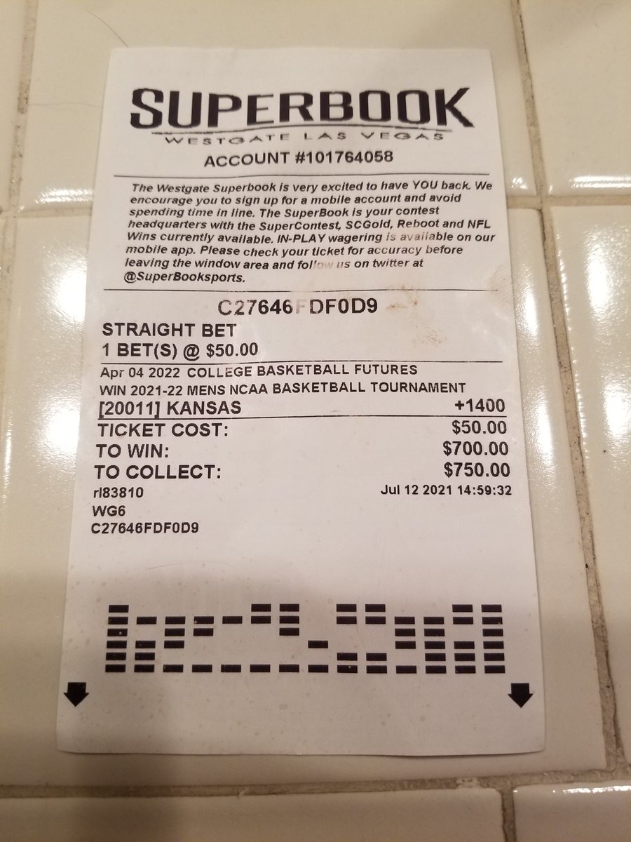 SchowTeam's tweet photo. @mattyoumans247 Hey Matt. Going to the VSIN golf tournament pays! Here is what turned out to be a winning NCAA future ticket that the Kentucky fan didn't want so you gave it to me. RCJH baby!!! Thanks again brother. https://t.co/fqycL505MA