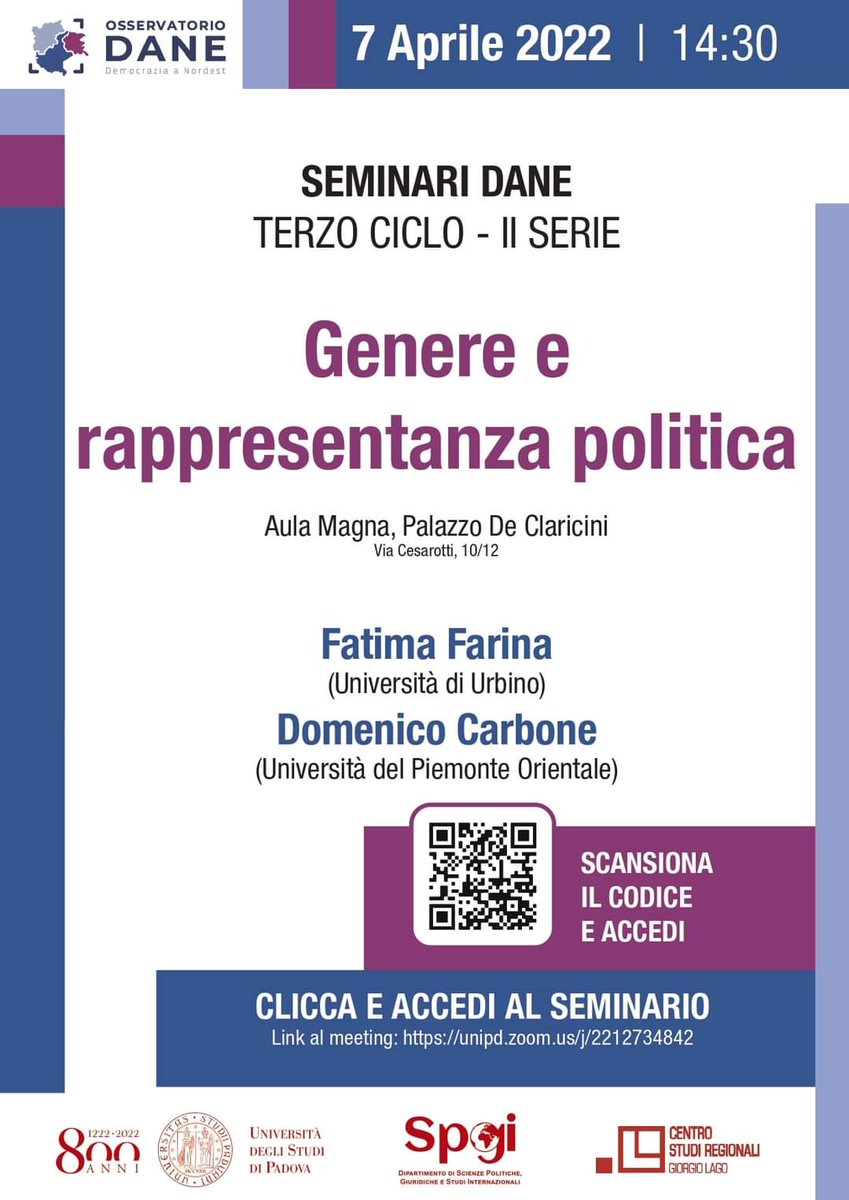 Ci vediamo giovedì 7 aprile alle ore 14.30 presso l'Aula Magna di Palazzo De Claricini per il prossimo seminario di DANE, dal tema "Genere e rappresentanza politica". Non mancate!

🌐 Potete connettervi all'incontro anche attraverso il link zoom unipd.zoom.us/j/2212734842