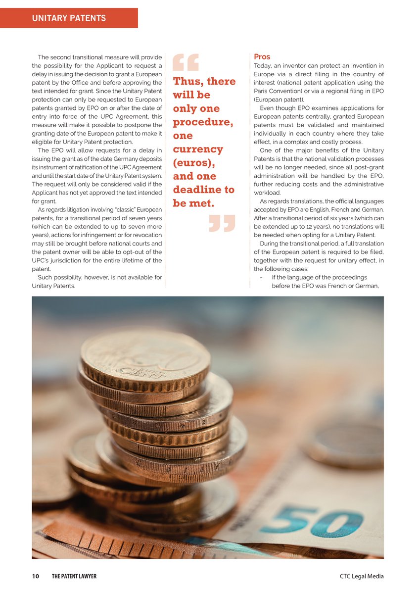 inventa_com's tweet photo. As #EU member states wait with expectation for the implementation of the Unitary #Patent, Marisol Cardoso clarifies the main details and some important advice for filing. Article published in the latest issue of @tmlawyermag

#Inventa #ProtectingIntelligence #IntellectualProperty https://t.co/PMDGSIHrTW
