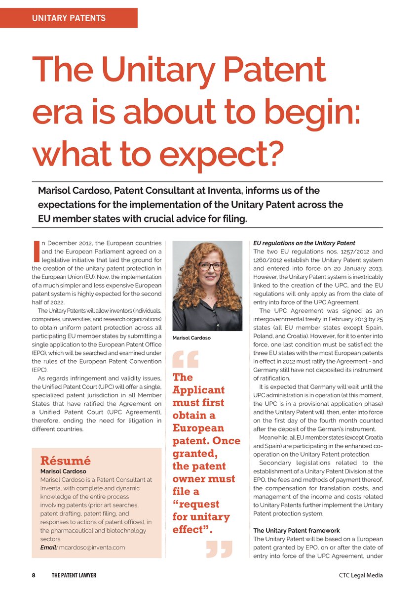 inventa_com's tweet photo. As #EU member states wait with expectation for the implementation of the Unitary #Patent, Marisol Cardoso clarifies the main details and some important advice for filing. Article published in the latest issue of @tmlawyermag

#Inventa #ProtectingIntelligence #IntellectualProperty https://t.co/PMDGSIHrTW