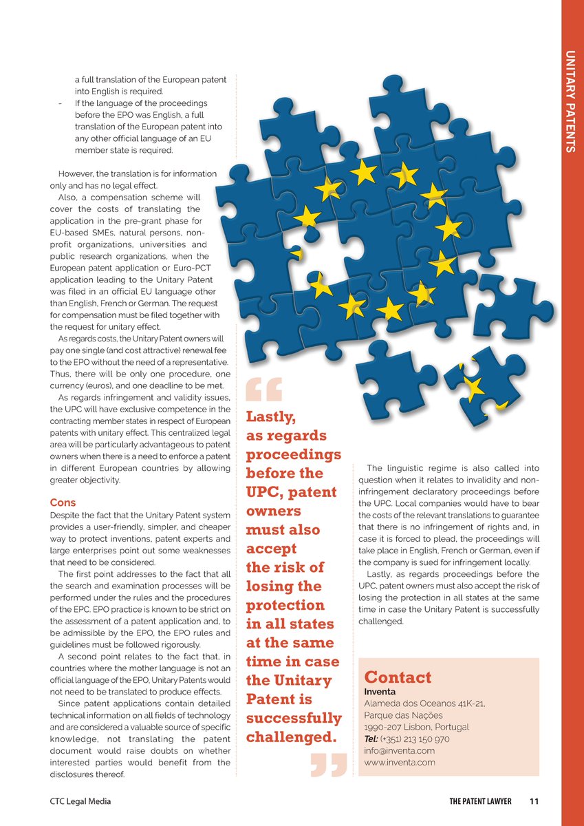 inventa_com's tweet photo. As #EU member states wait with expectation for the implementation of the Unitary #Patent, Marisol Cardoso clarifies the main details and some important advice for filing. Article published in the latest issue of @tmlawyermag

#Inventa #ProtectingIntelligence #IntellectualProperty https://t.co/PMDGSIHrTW