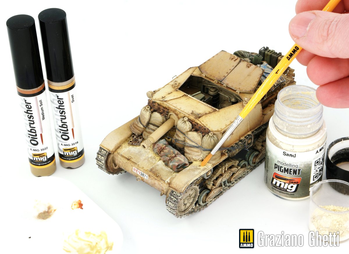 AMMOMIG's tweet photo. Graziano Ghetti applying dust weathering effects combining #AMMO Oilbrusher colours and Pigments on his WIP 1/35 scale M40 75/18, it is looking great so far! https://t.co/izfjfjM5jR