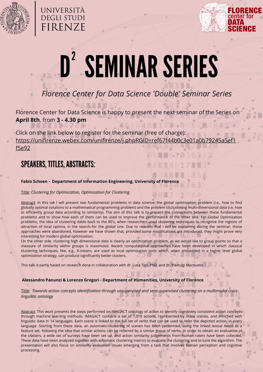 DataScienceFLR's tweet image. #SaveTheDate this friday #April8 at 3.00PM don't miss the opportunity to attend to our 15th #D2Seminar,  with three speakers: Fabio Schoen from #DINFO and Alessandro Panunzi and Lorenzo Gregori from #DILEF of @UNI_FIRENZE. ⤵