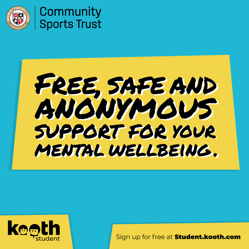 BromleyFCTrust's tweet photo. In partnership with Bromley FC Community Sports Trust, Kooth are running a workshop via ZOOM for Young people, aged 10-25, tomorrow at 6 pm.

The workshop can be attended without a person’s identity being shown – neither camera nor audio need be enabled.

#WeAreBromley