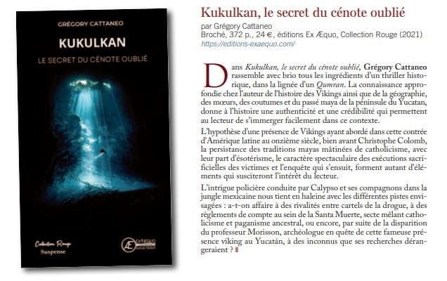 EditionsExAequo's tweet photo. Kukulkan #thriller historique de @CattaneoGregory  a les honneurs de MoyenAge Magazine 
#Vikings #Mayas #Yucatán #Légende #Archéologie #Plongée
https://t.co/70IopnhkDo https://t.co/MWYF5HSxGS