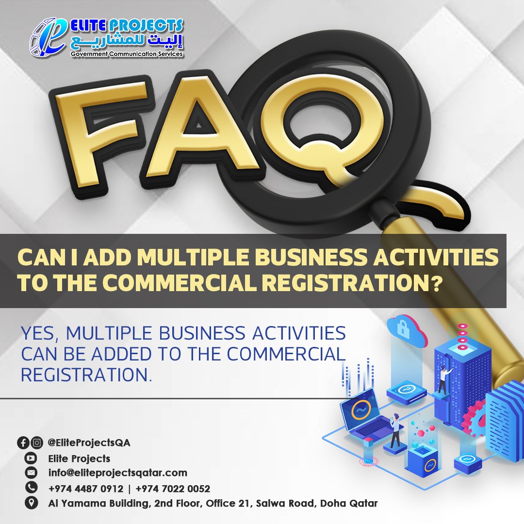 eliteprojectsQA's tweet image. Can I add multiple businesses to the commercial register?
Yes, multiple businesses can be added to the commercial register.
BOOK AN APPOINTMENT WITH US!

eliteprojectsqatar.com

+974 4487 0912 / 7022 0052
#EliteProjects #PROServices #Qatar #qatar2022 #PROServicesinqatar