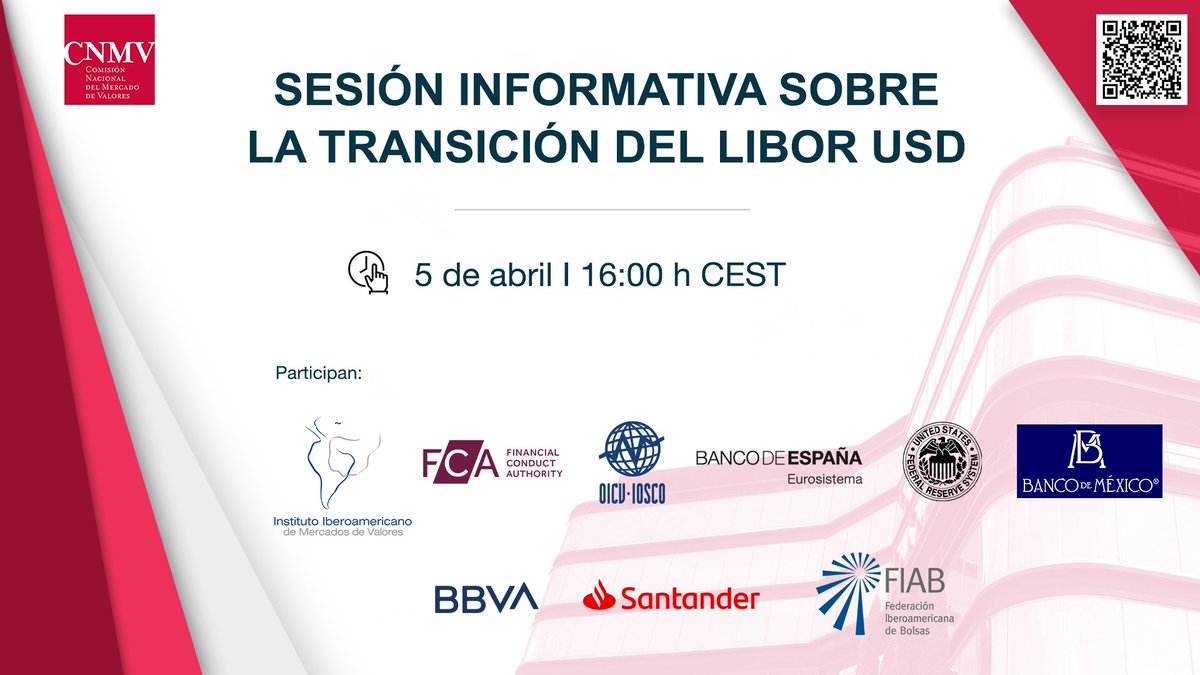 📣No te pierdas hoy, a las 16h, la sesión informativa que organiza #CNMV sobre la transición del #LiborUSD➡️bit.ly/3u8iOCn

Participan: <a href="/TheFCA/">Financial Conduct Authority</a>, <a href="/IOSCOPress/">IOSCO Press</a>, <a href="/BancoDeEspana/">Banco de España</a>, <a href="/federalreserve/">Federal Reserve</a>, <a href="/Banxico/">Banco de México</a>, <a href="/bbva/">BBVA</a>, <a href="/bancosantander/">Santander</a> y FIAB (Federación Iberoamericana de Bolsas)
