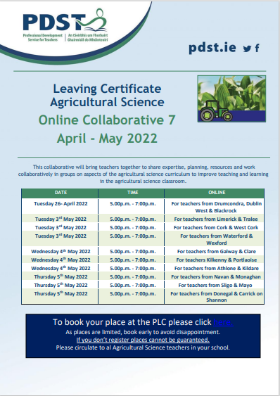 Registration is now open for Collaborative 7 for agricultural science teachers. The collaboratives will be online events with dates and groups listed below. You can register here: tinyurl.com/y3pmpvuw 
<a href="/ScoilnetPPrim/">ScoilnetPostPrimary</a> <a href="/AgScience/">iasta</a>
 #agscience#collaboration