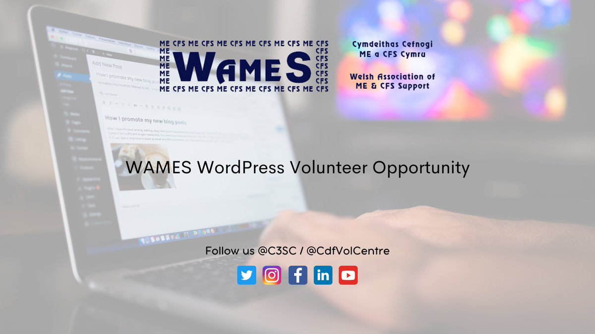 cdfvolcentre's tweet photo. Welsh Association of ME and CFS Support (@WAMESMECFS) are seeking a new WordPress volunteer to join their team. Find out more about this opportunity at: https://t.co/yFBH3zUpfz #volunteering #opportunities #WAMES #WordPress https://t.co/U5A9GiiuLp