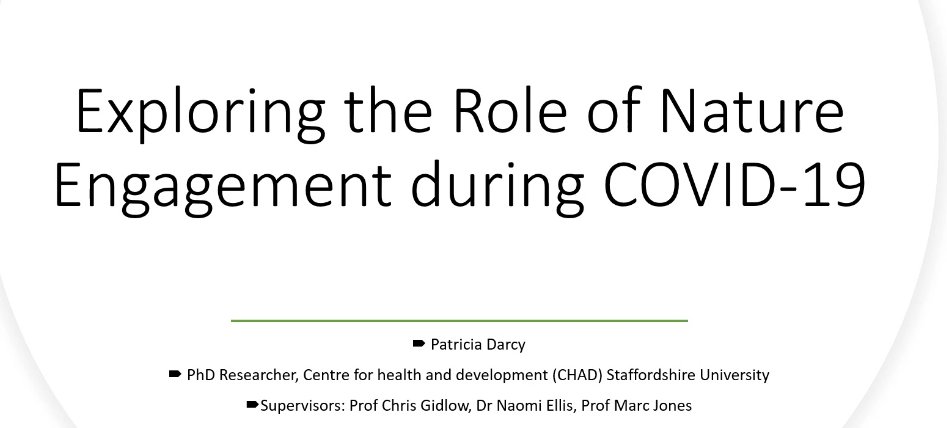 chadresearchuk's tweet photo. Our next speaker @td_oak discusses their qualitative research around exploring the role of #nature engagement during COVID-19 for people experiencing health conditions #HealthForAll #CHADResearch #GreenSpace #COVID19 @FPH https://t.co/9c2FHKlZTV