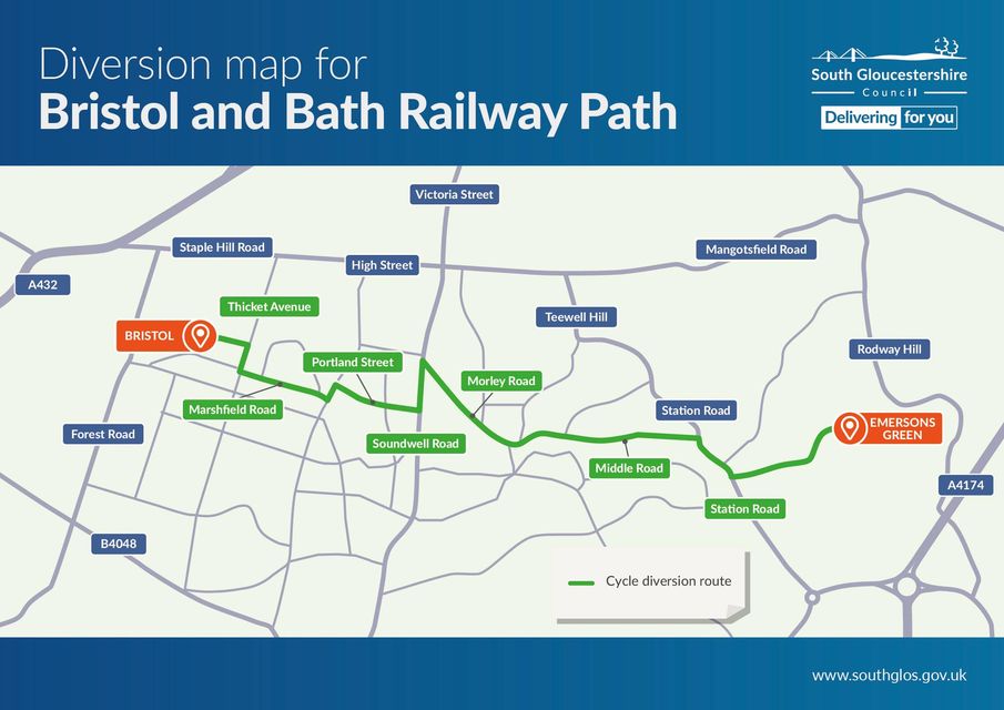 There is a diversion off the <a href="/lovethepath/">Love the B2B Path</a> @Bristoltobath Bristol &amp; Bath Railway Path starting Monday 11 April (due to be completed by 13 April) between Staple Hill Tunnell and Signal Road.  Contractors for @southgloscouncil @sglosstreetcare are resurfacing the path.