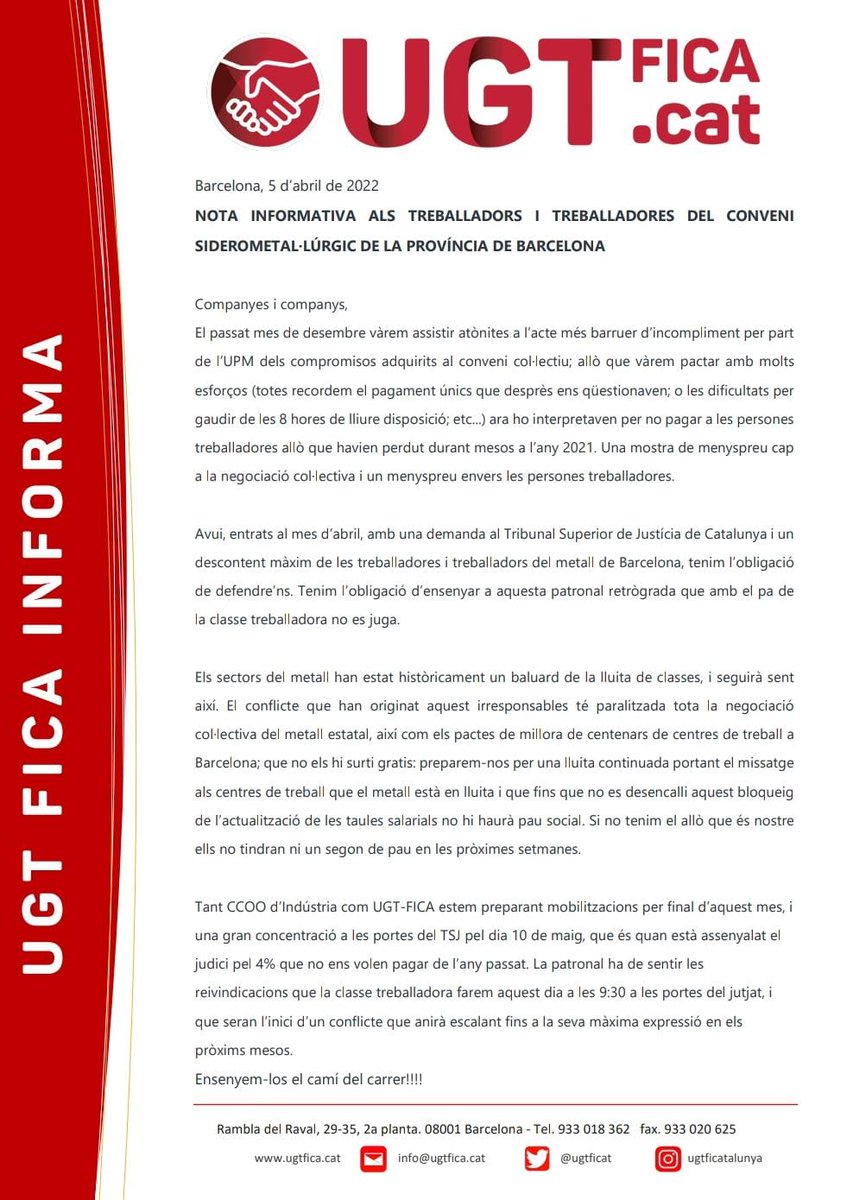 📢NOTA INFORMATIVA SOBRE EL CONVENI SIDEROMETAL•LÚRGIC DE LA PROV DE BARCELONA
🙌 Convocatòria de concentració davant les portes del TSJC
🗓️10 de maig
⏰9:30 h
✊Exigim el que ens toca!
