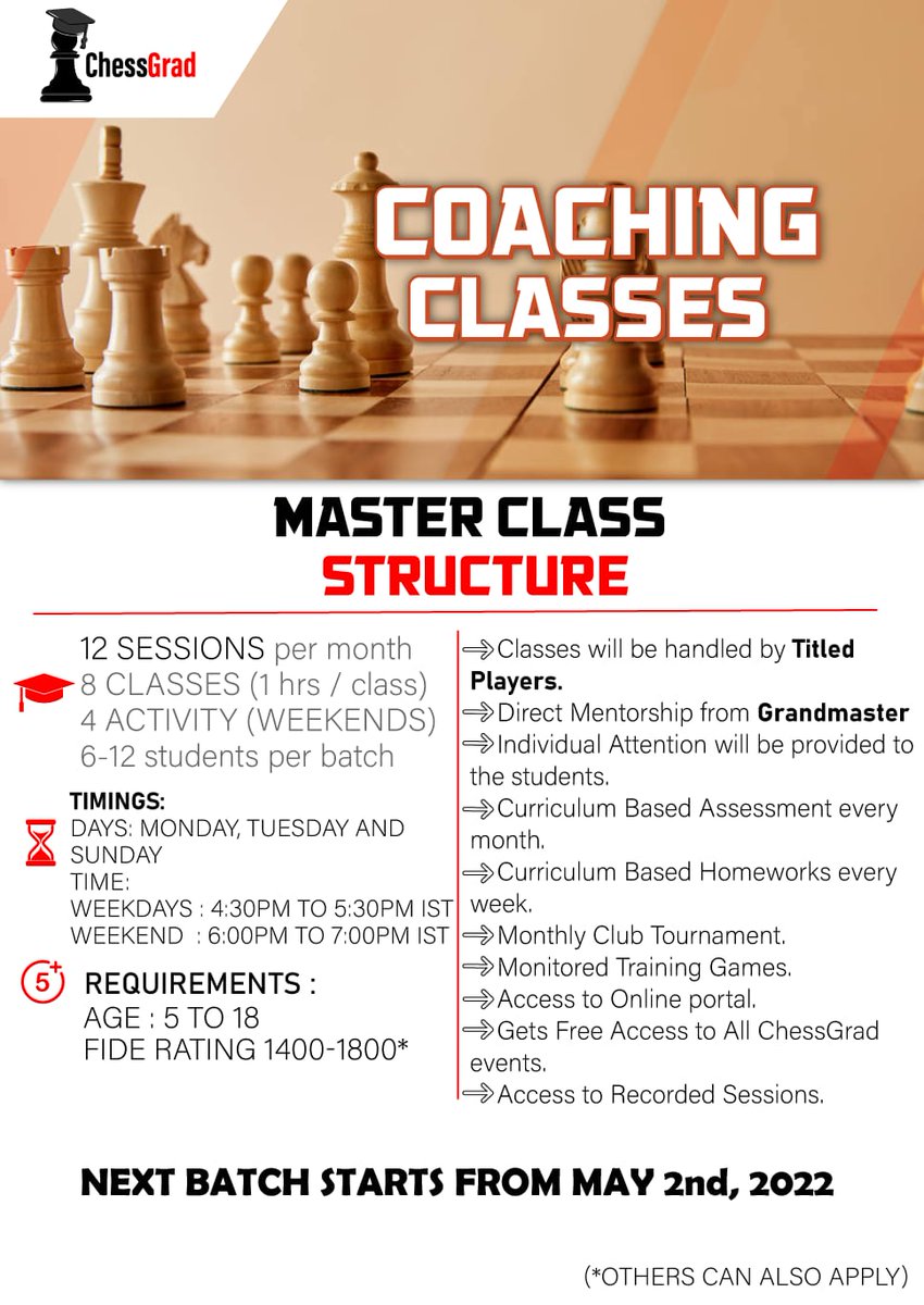GradChess's tweet image. Chessgrad Masterclass coaching begins from May 2nd 2022. Grab your opportunity right now.
DM us to register.
#chesscoaching #chessmasterclass #masterclass #chesslearning #chesslegends #chessplayer #chessgrad #gakashchess