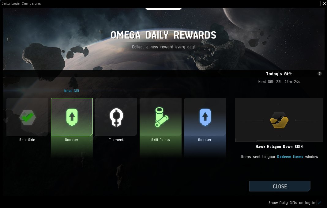 CCP_Fozzie's tweet image. The new and improved Daily Rewards system is now live on Tranquility! Now featuring hundreds of permanent skins and a new line of multirole boosters in addition to the return of skillpoints and filaments. #tweetfleet #eveonline