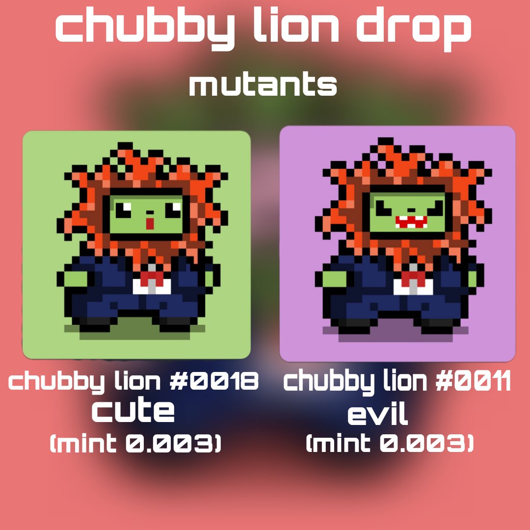 the transformation into mutants of the chubby lion!! 🦁🦁
Link in bio 
#NFTCommunity #nftart #NFTartist #nftcollector #NFTCollection #NFTdrop