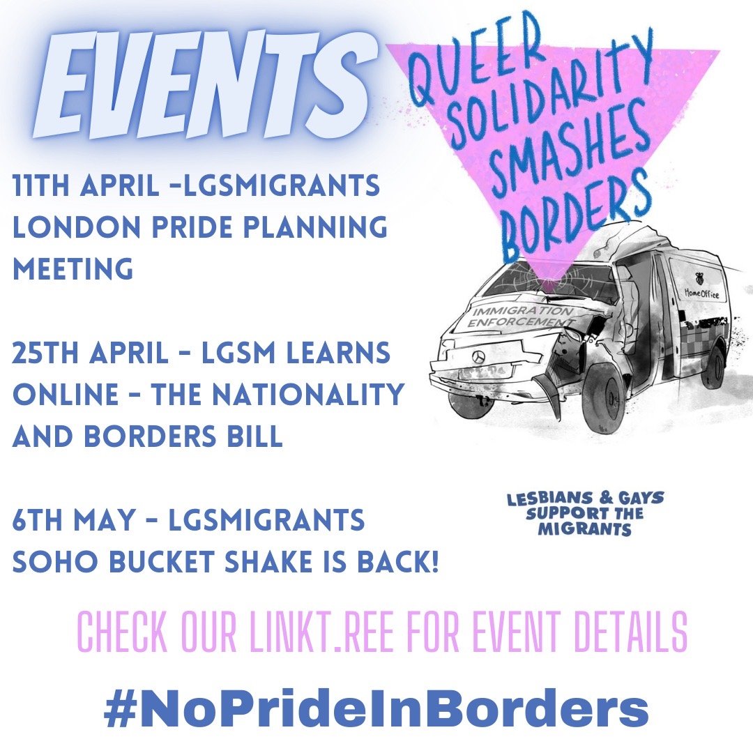 We’ve got loads of events coming up so come and get involved! 💫🧵💫 : 

11th April - LGSMigrants are having a meeting to discuss planning for London Pride w/ other queer groups and individuals - attend online, or if you’re from a particular group get in touch for in-person info
