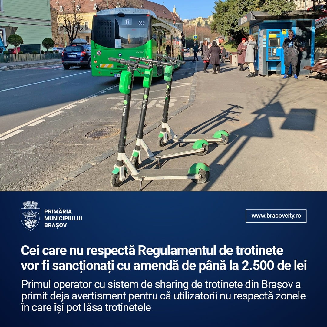 PrimariaBrasov's tweet photo. Primul operator cu sistem de sharing de trotinete electrice din Brașov a primit deja avertisment pentru că utilizatorii nu respectă zonele în care își pot lăsa trotinetele
https://t.co/57pLsyQCwI https://t.co/OioMLDDfIO