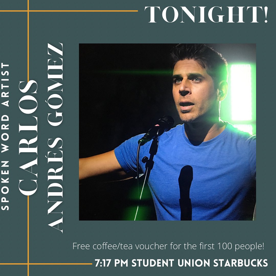 uaRHPB's tweet photo. Tonight! Join us to hear from an amazing spoken word artist! First 100 people get a voucher for free coffee or tea the next day at starbucks! https://t.co/yUD1x8BDTu