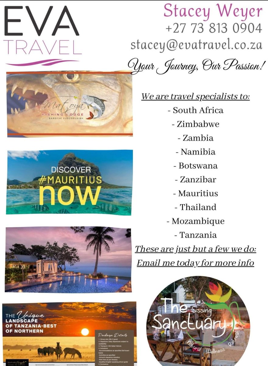 StaceyGreef's tweet photo. Whether a Safari in the Serengeti, or a Surf in the Seychelles, Gorilla Trekking or the Major Migration, EVA Travel will get you there because your journey is our passion!
BOOK NOW!!!
T's &amp; C's Apply
Facebook: https://t.co/ijAJAHlLyz
Web: https://t.co/Yxpvcmu29V https://t.co/nB6TAqaO7A