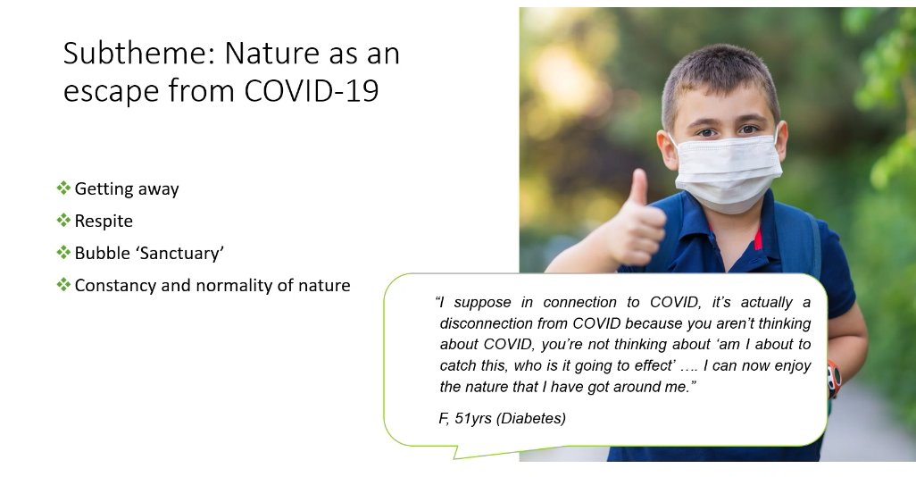 chadresearchuk's tweet photo. Our next speaker @td_oak discusses their qualitative research around exploring the role of #nature engagement during COVID-19 for people experiencing health conditions #HealthForAll #CHADResearch #GreenSpace #COVID19 @FPH https://t.co/9c2FHKlZTV