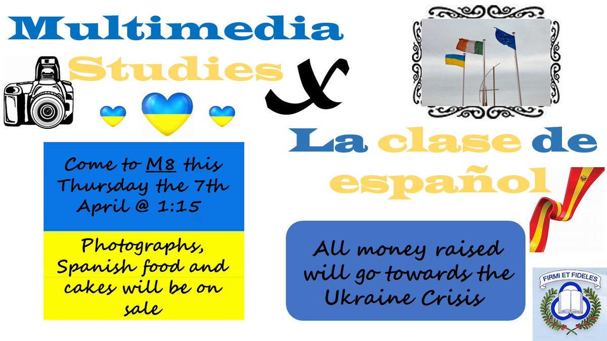 PNTspanish's tweet photo. The TY Spanish class has teamed up with the Multimedia Studies Module to help raise money for the Ukraine crisis. Please come along to M8 on Thursday or donations can be made to Ms O'Donoghue. No donation is too small 💙💛 https://t.co/YYxSXS9UCT