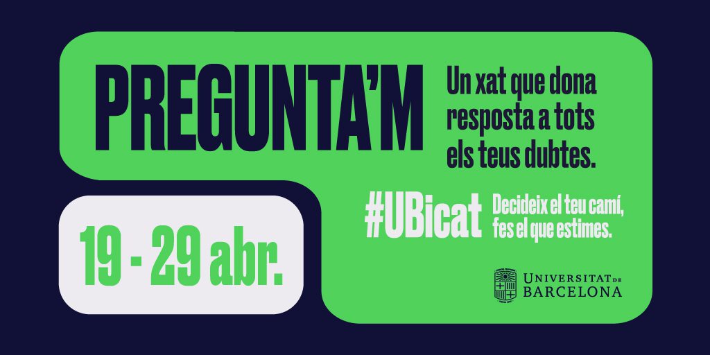 UniBarcelona's tweet photo. #UBicat | 👩🎓👨🎓 Vols estudiar un grau a la #UniBarcelona?
❓ L’activitat Pregunta’m t’ofereix un xat amb estudiants de la UB per acabar de resoldre dubtes.
🗓️ Del 19 al 29 d’abril
🔹 Consulta el calendari i els horaris per a cada grau
👉 https://t.co/0MoKyN3fMl https://t.co/Wfo1mKVt4H