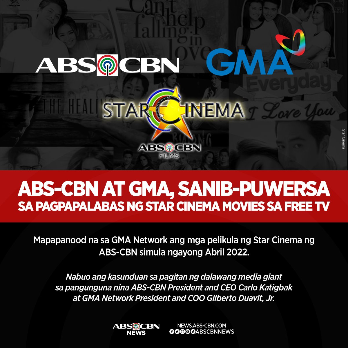 ABSCBNNews's tweet photo. KAPAMILYA x KAPUSO ❤️💚💙

Mapapanood na ngayong Abril sa GMA Network ang mga pelikula ng Star Cinema ng ABS-CBN.

Basahin ang kaugnay na ulat: https://t.co/Gvkhe8YUII https://t.co/62vFhs2sEb