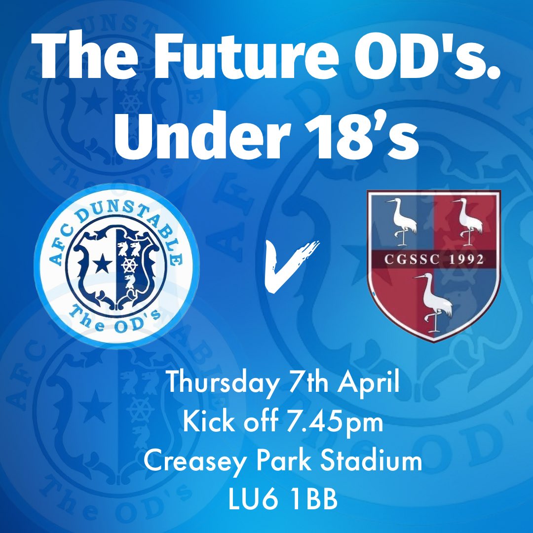AFCDunstable's tweet photo. Our @afcdunstableu18's have a game at Creasey Park against @CrawleyGreenFC under 18's on Thursday evening.

🎟 £3 entry.

#futureODs #together #COYODS https://t.co/rUK2cvmZnv
