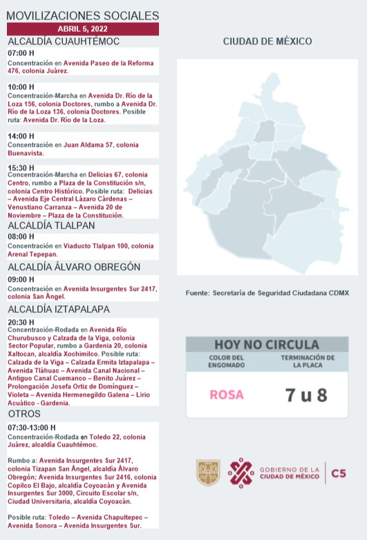 C5_CDMX's tweet photo. ⚠️📢Te compartimos las movilizaciones sociales previstas para este día en la CDMX.
#MovilidadCDMX 
#C5 https://t.co/vZbhzv6FNd