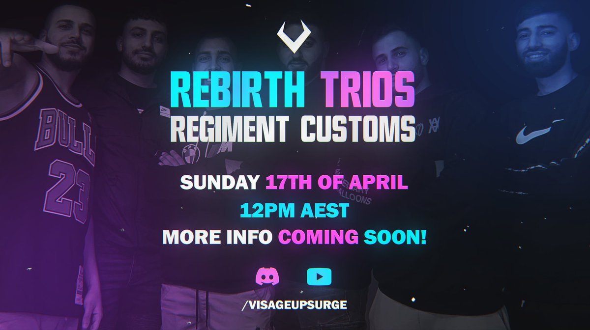 VisageUpsurge's tweet image. 🚨 Rebirth TRIOS Regiment Customs 🚨

Sunday 17th of April 📅

12PM AEST ⏰

We are currently taking expressions of interest. Tag a regiment you would like to see compete 🎮

#Visage2022