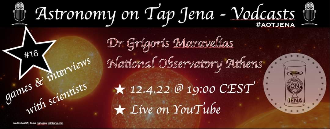 Mark your calendars! 12 April @ 19:00 CEST with Dr Grigoris Maravelias. We'll discuss massive stars, x-ray binaries, machine learning, and outreach!

Click:  youtube.com/watch?v=FrNO9P…

 #astronomyontap #astronomy #outreach <a href="/aotjena/">Astronomy on Tap Jena</a> <a href="/astronomyontap/">Astro On Tap HQ</a>