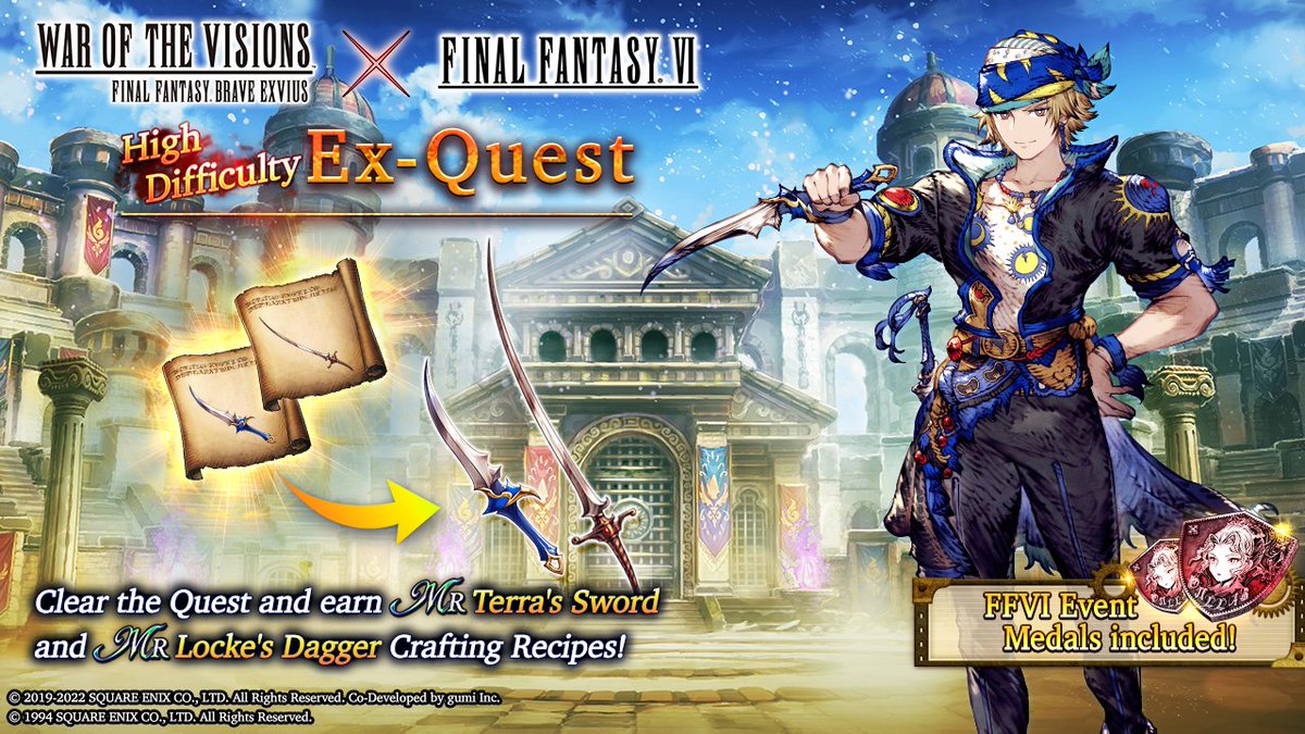 wotvffbe's tweet photo. Enjoying the FFVI Collaboration in #WOTVFFBE? How's your progress in the Event Quest? Also, don't forget to complete the Ex-Quests to obtain these crafting recipes!
- MR Terra's Sword Crafting Recipe
- MR Locke's Dagger Crafting Recipe
- MR Celes' Sword Crafting Recipe https://t.co/E8Re8oyK9I