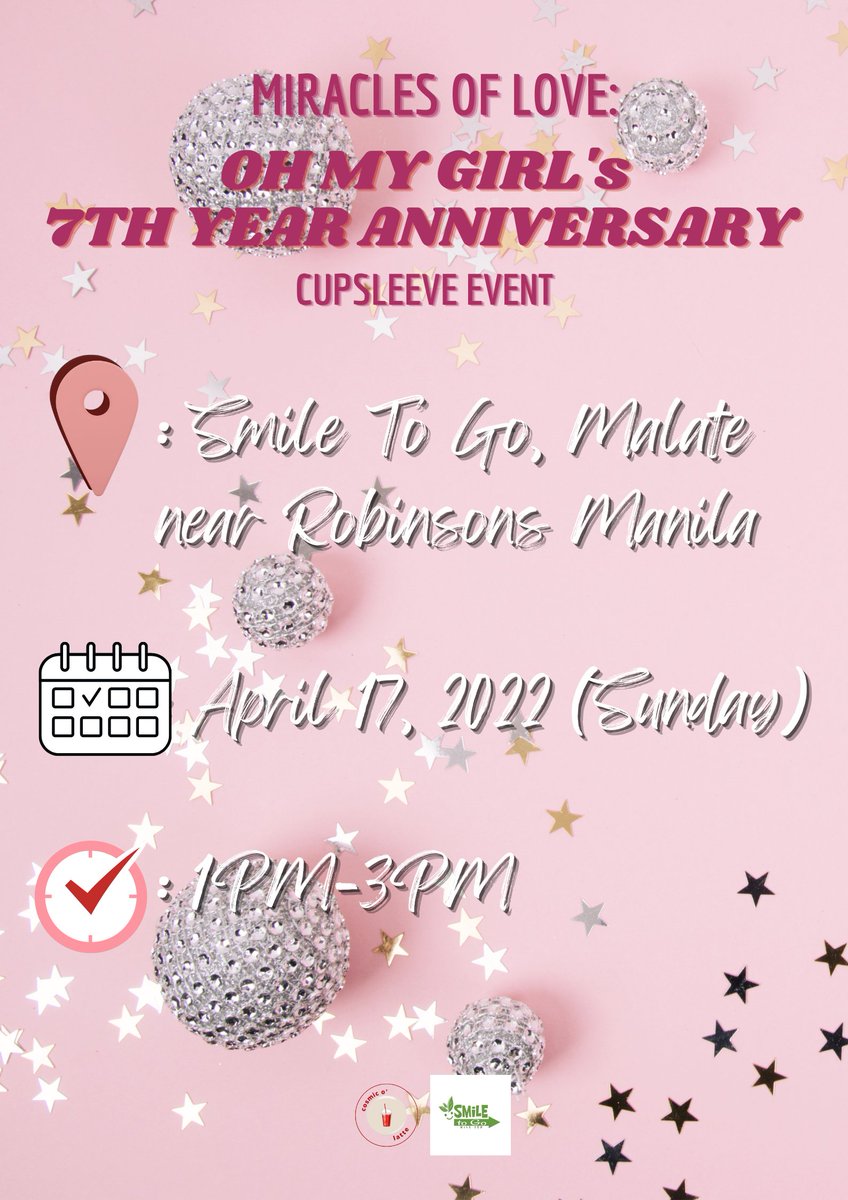 cosmicolatteph's tweet photo. [CUPSLEEVE EVENT AT MANILA]

🌸 MIRACLES OF LOVE:
OH MY GIRL's 7TH YEAR ANNIVERSARY🌸

📍: Smile To Go, Malate near Robinsons Manila
🗓️: April 17, 2022 (Sunday) | 1PM-3PM
🎟️: PHP 100

Registration Form 🔗https://t.co/5BMNTReutS https://t.co/rFoB2B0y07