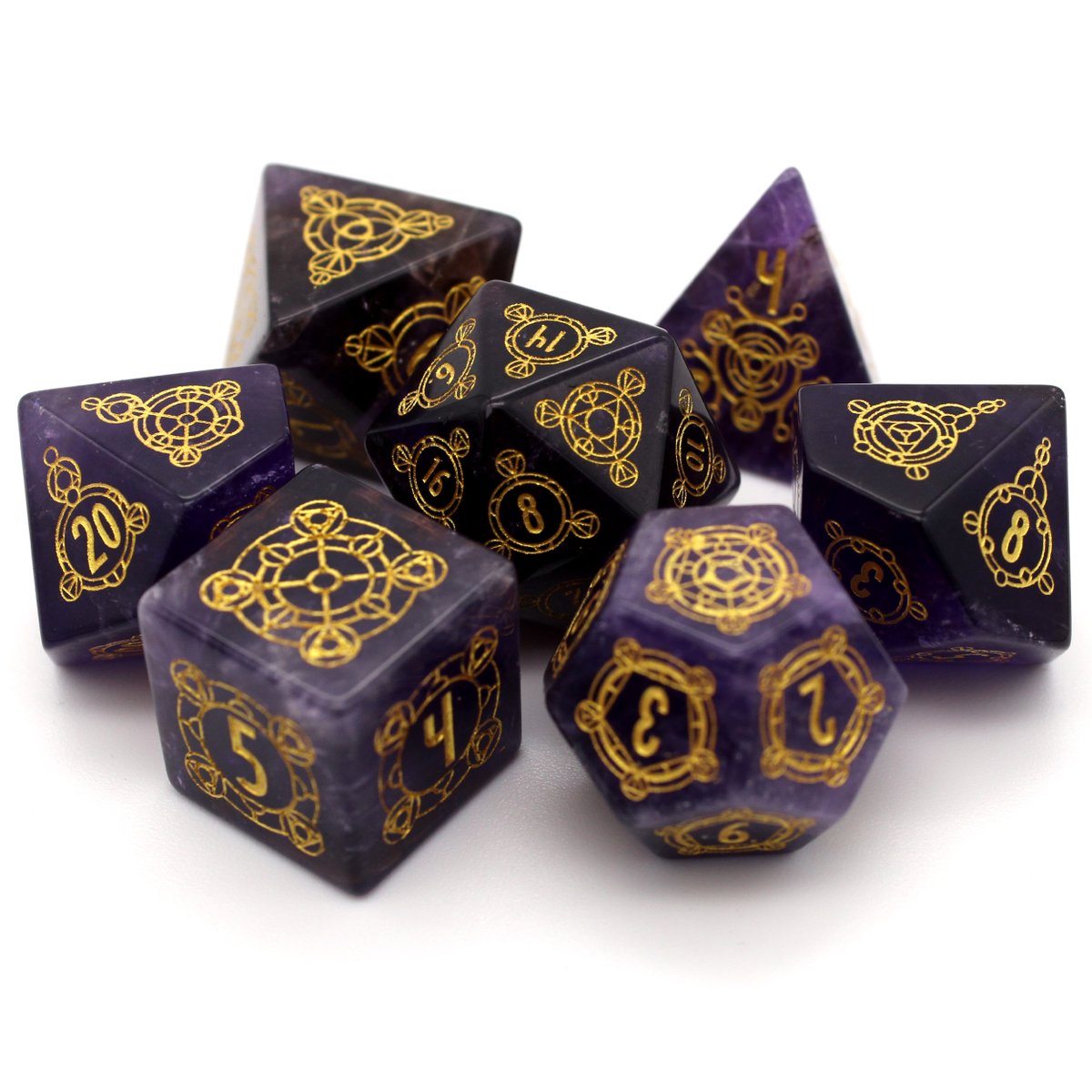 Feast your eyes on this week's giveaway: Mystic Sigil, a seven piece set of amethyst dice with gold ink. 
|| Follow + RT to enter | Open Internationally || 
Winner will be DM'd on 4/6 at 10 am PT
Or you can buy a set at diceenvy.com/products/mysti…