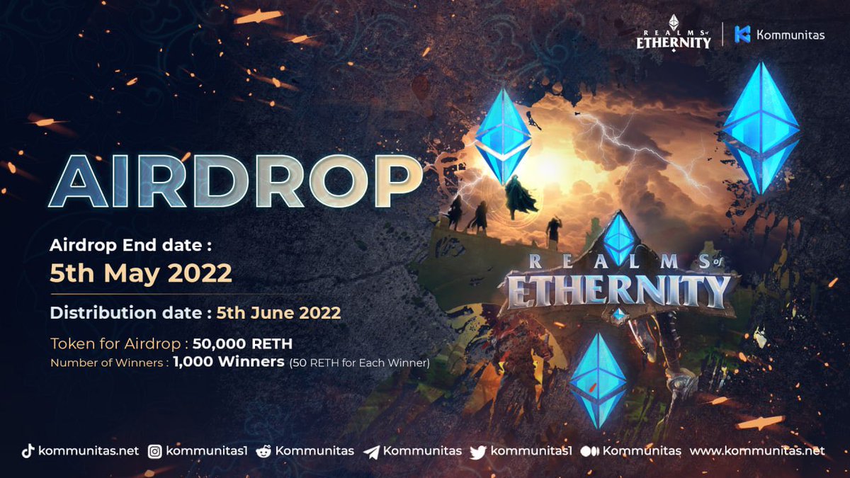 Kommunitas Official (@kommunitasnet) on Twitter photo Hi, $KOMmunity!
💎 We have organized an #Airdrop giveaway for <a href="/realmsofeth/">realmsofeth</a> !
🤩 We want to share 50,000 RETH with 1,000 people
💡This giveaway will end on 5th May 2022 and the distribution date will be on 5th June 2022
➡️ Join here giv.gg/roead Hi, $KOMmunity!
💎 We have organized an #Airdrop giveaway for <a href="/realmsofeth/">realmsofeth</a> !
🤩 We want to share 50,000 RETH with 1,000 people
💡This giveaway will end on 5th May 2022 and the distribution date will be on 5th June 2022
➡️ Join here giv.gg/roead
