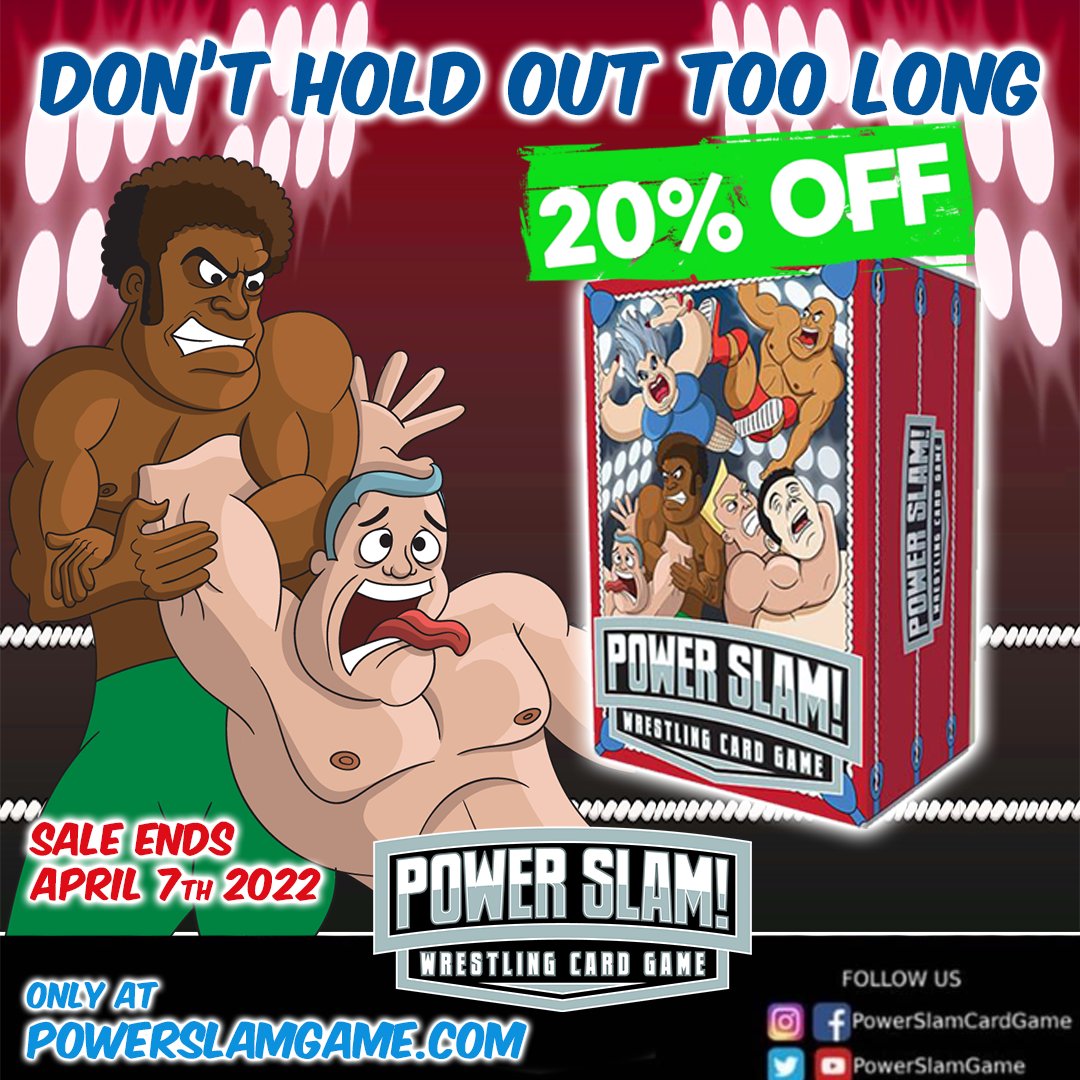 Don't hold out too long!
POWER SLAM SALE ENDS THURSDAY! PowerSlamGame.com Get 20% off the smash hit wrestling game!
#powerslam #wrestlingart #wrestling #wwe #WrestleMania #WrestleMania38 #wwe #aew #cardgames #tabletopgames #gaming #games #card #fun #fungame #sale #discount