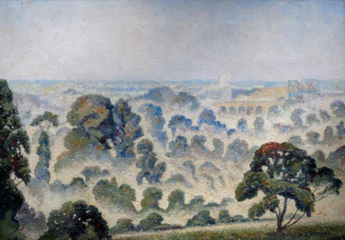 EastLondonGroup's tweet photo. With an early start this morning, I thought I'd post an image which might be appropriate. This is "Essex Landscape, Early Morning" by Walter Steggles from 1938. It was one of the headline images from our recent exhibition @BeecroftGallery in Southend which closed on Sunday at 5pm https://t.co/ed0bqbUVl3