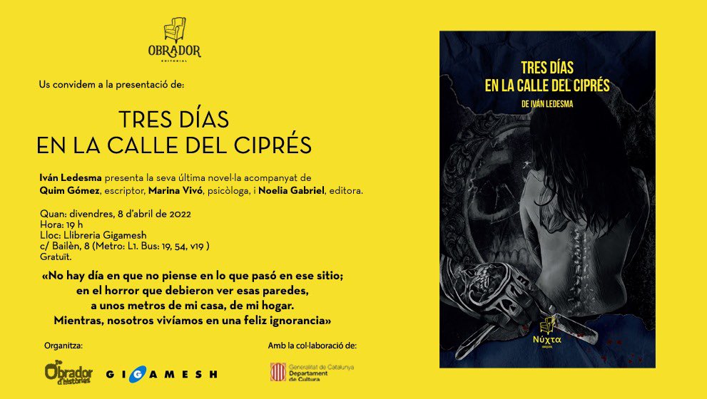 Ens encanta tenir a <a href="/Ivanledesma/">Ivan Ledesma</a> a l’equip i ho celebrarem divendres 8 d’abril a la <a href="/GigameshCat/">Gigamesh CAT</a>, el millor lloc per tenir una cita si es tracta de presentar «Tres días en la calle del Ciprés».
#NúXta #novelanegra