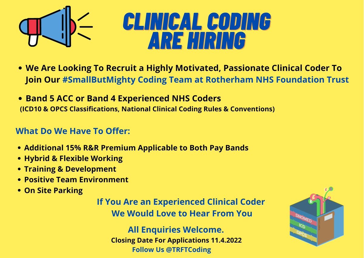 TRFT Clinical Coding Team (@trftcoding) on Twitter photo If you are an experienced Clinical Coder we would love to hear from you π₯οΈπ©βοΈβ¨ <a href="/RotherhamNHS_FT/">The Rotherham NHS FT</a> <a href="/RotherhamNHS_HI/">HealthInformaticsRFT π</a> <a href="/LSimpsonCoding/">LisaSimpsonCoding</a> <a href="/LaurenSaxCoding/">LaurenSaxtonCoding</a> If you are an experienced Clinical Coder we would love to hear from you π₯οΈπ©βοΈβ¨ <a href="/RotherhamNHS_FT/">The Rotherham NHS FT</a> <a href="/RotherhamNHS_HI/">HealthInformaticsRFT π</a> <a href="/LSimpsonCoding/">LisaSimpsonCoding</a> <a href="/LaurenSaxCoding/">LaurenSaxtonCoding</a>