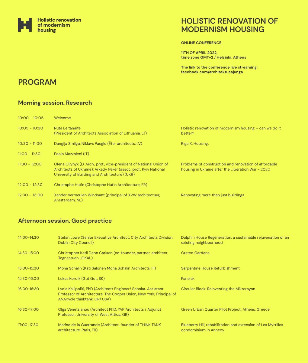 Save the date ! 
#Holistic #renovation for modernism #housing
Online conference - 11 April 2022

A joint event of the <a href="/UIA_Architects/">UIA Architects</a> initiated by the Architects Association of Lithuania and Baltic Architects Unions Association (BAUA). 

The event is a side event <a href="/ahamadrid2022/">AHA Madrid 2022</a>