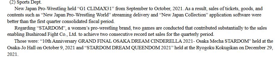 SmoothWrestling's tweet photo. From Bushiroad fiscal report for the FY (Fiscal Year) 2022 (July 1, 2021 - December 31, 2021) released on 3/1/2022.

#NJPW &amp; #Stardom carried the Live IP departments of the company (Music &amp; Sports) while the Music Department had cancellation issues.

Before #njoa hit new stride. https://t.co/KN26OsO0wp