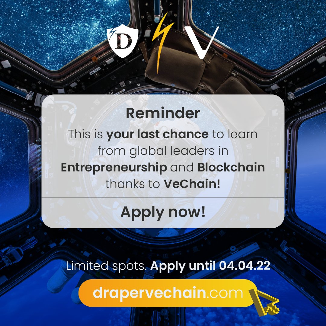 draper_u's tweet photo. Last Chance today !!
.
Successful teams will secure $100,000 in funding for 5% &amp; gain
access to our #venturenetwork
.
Full Ride Scholarships for #earlystagestartups &amp; technical #solofounders to build on the #Vechainthor 
.
https://t.co/S90Ok1QTIr @vechainofficial https://t.co/tUJLRiYn6X