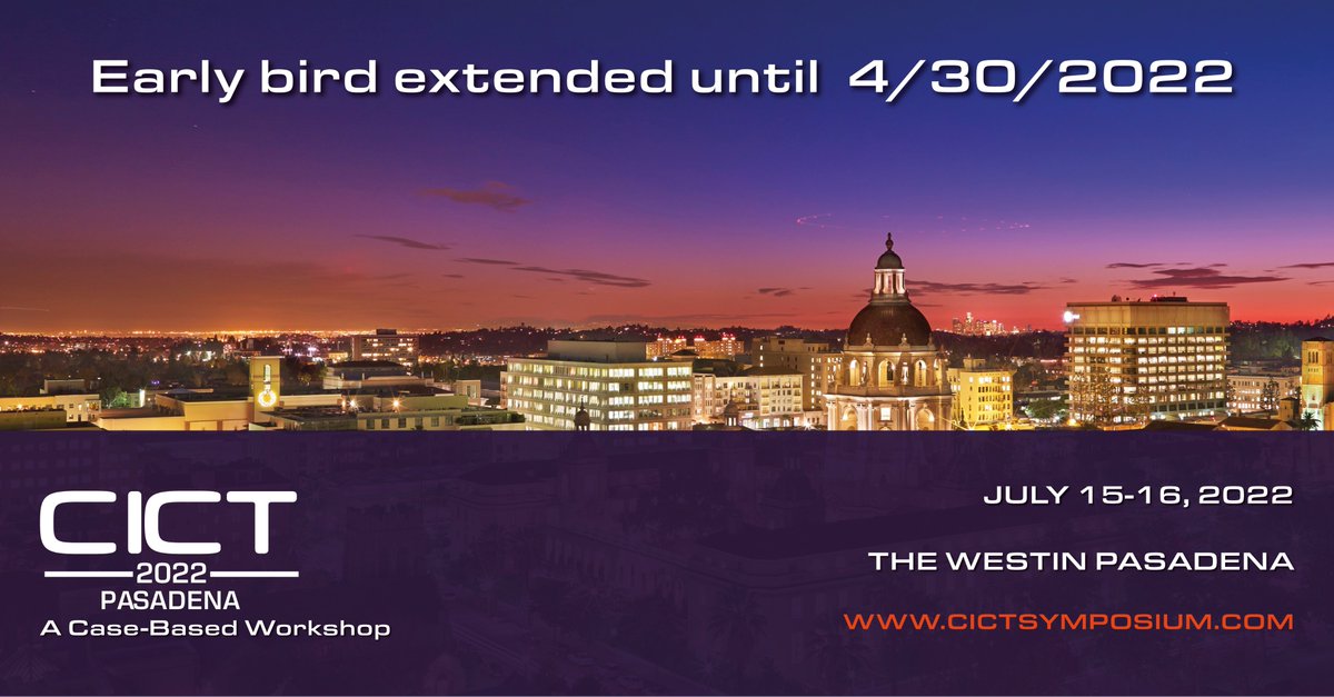 CICT 2022: – EARLY BIRD DISCOUNT EXTENDED UNTIL 4/30/2022 
👉 bit.ly/3uVg1vF
Join <a href="/IssamDMoussa1/">Issam D. Moussa MD MBA</a>, J. De Gregorio and H. Sievert for CICT 2022 - July 15-16th, 2022, Pasadena.
#cictsymposium #cardiology #cardiotwitter #conference  #cardiovascular #CardioEd