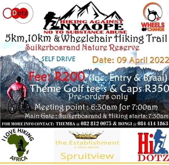 Wheelsofchange3's tweet photo. Everyone is welcome to participate!

. 

T shirts and caps are not compulsory but sold on pre-order.

U can book a wheelchair if u want to hike with one. Limited wheelchairs available( first come first serve)

Profits made will be put towards youth  addicted to nyaope🙏🏿🙏🏿 https://t.co/h3lEhdsaH3