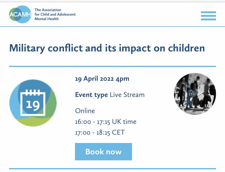 Learn more about the impact of war on children’s mental health and what parents, teachers &amp; clinicians can do to help: free ⁦<a href="/acamh/">Association for Child & Adolescent Mental Health</a>⁩ webinar with ⁦<a href="/dennisougrin/">Dennis Ougrin</a>⁩ ⁦<a href="/minafazeloxford/">Mina Fazel</a>⁩ &amp; other experts. acamh.org/event/war-impa…