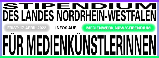 Weitersagen! Die Bewerbungsphase für das #Stipendium des Landes NRW für #Medienkünstlerinnen läuft noch bis zum 17. April! //
Spread the word! Applications for the #Scholarship of the State of NRW for female #Media Artists can be handed in 'till April 17!
