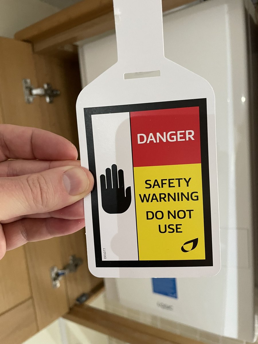 jeffshield's tweet photo. Hey @BritishGas me again! One of your own engineers was forced to admit the boiler you installed 6 days ago hasn’t been done to regulations and is unsafe. It also does not work. He left this nice little sign to stick on it… I wonder what @ofgem would make of this? 🤔 https://t.co/MBR27v7AqJ