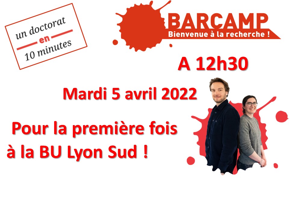 Rendez-vous aujourd'hui à 12h30 à la BU Lyon Sud pour écouter 2 doctorants passionnants vous présenter leurs travaux de recherche :
- Aurélie Levillain du <a href="/LBMC_Lyon/">Laboratoire de Biomécanique et Mécanique des Chocs</a> 
- Félix Bornier du <a href="/CIRI_Lyon/">CIRI Lyon</a>